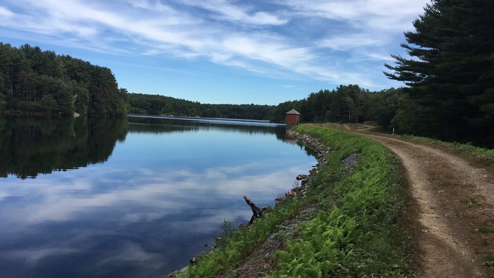 A quiet trail beside a reservoir in the Middlesex Fells